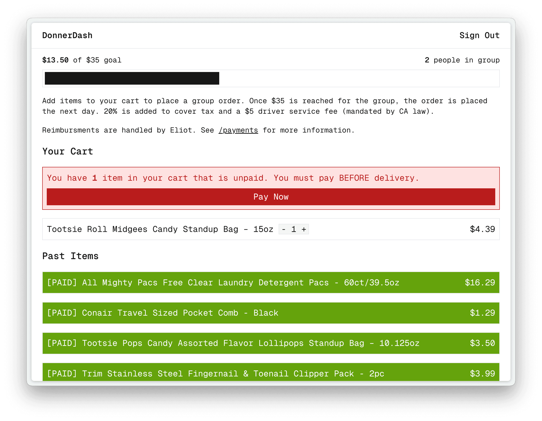 The donnerdash.stanf.org interface
